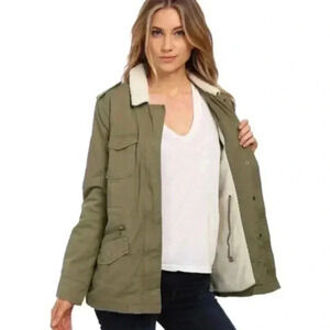 Velvet Green Military Safari 100% Cotton Sherpa Lined Cinch Waist Jacket Size S